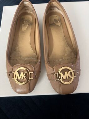 Michael Kors Brown Leather MK Logo Ballet Flats with Gold Emblem
